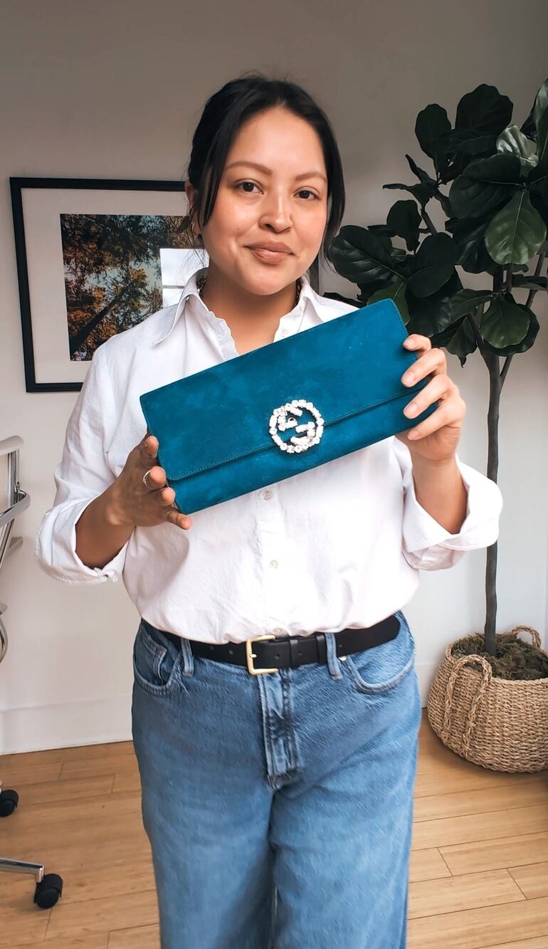 Gucci Broadway Teal Turquoise Blue Suede Swarovski Crystal Clutch Evening Bag